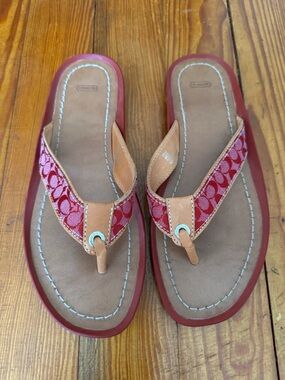 Coach Red Signature Canvas Thong Sandals with Tan Leather Trim